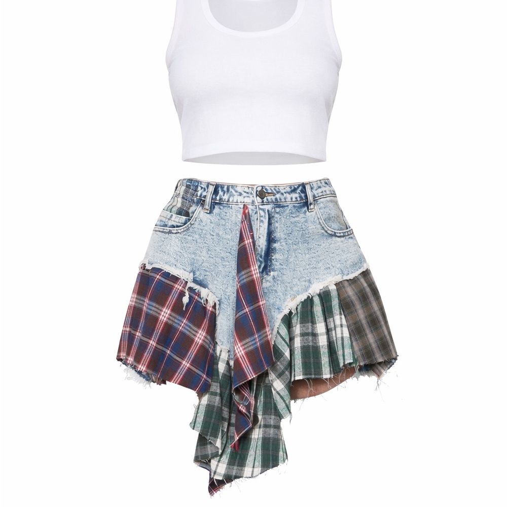 Fashion Nova Plaid Patchwork Asymmetrical Denim Skirt - Blue, Red, Green